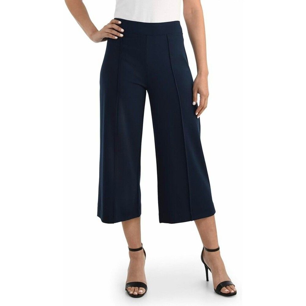 Seek No Further Wide Leg Cropped Ponte Gaucho Pants High Rise Stretch Blue Sz L